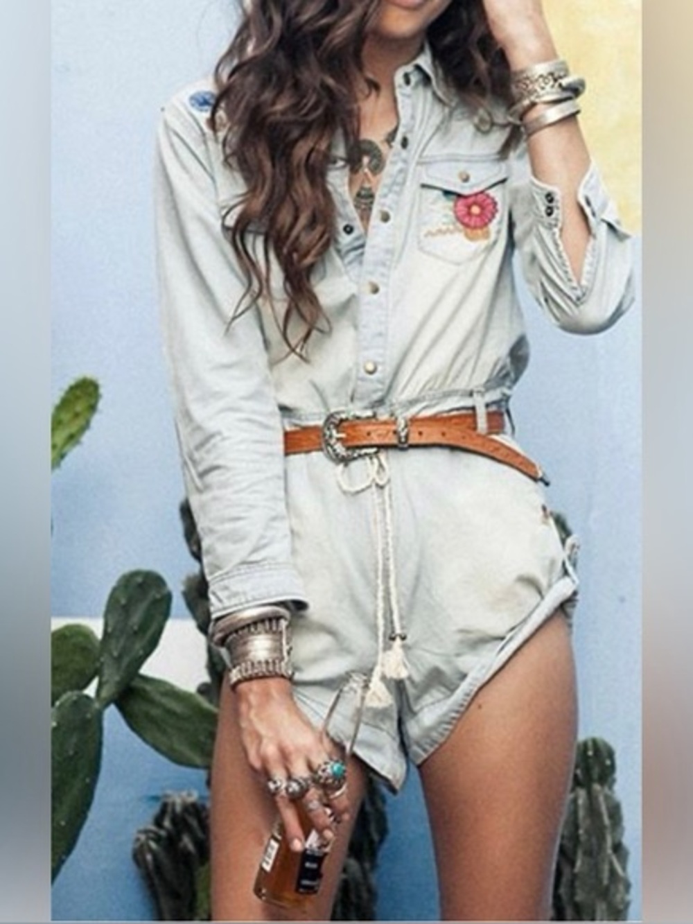 Spell & the Gypsy Route 66 Embroidered Light Blue denim western romper - Picture 10 of 10
